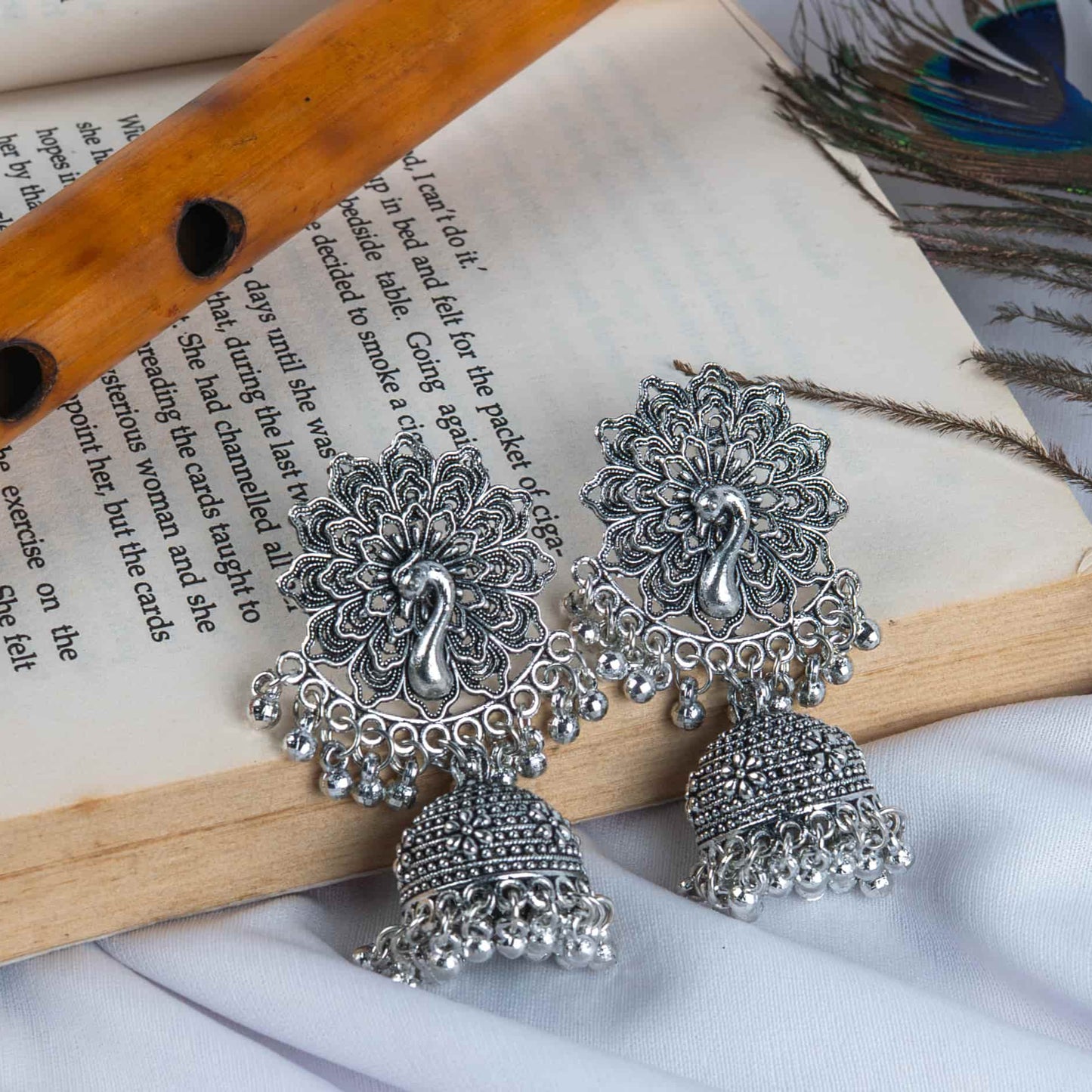 Oxidised Peacock Earrings with Dangling Beads & Jhumkas