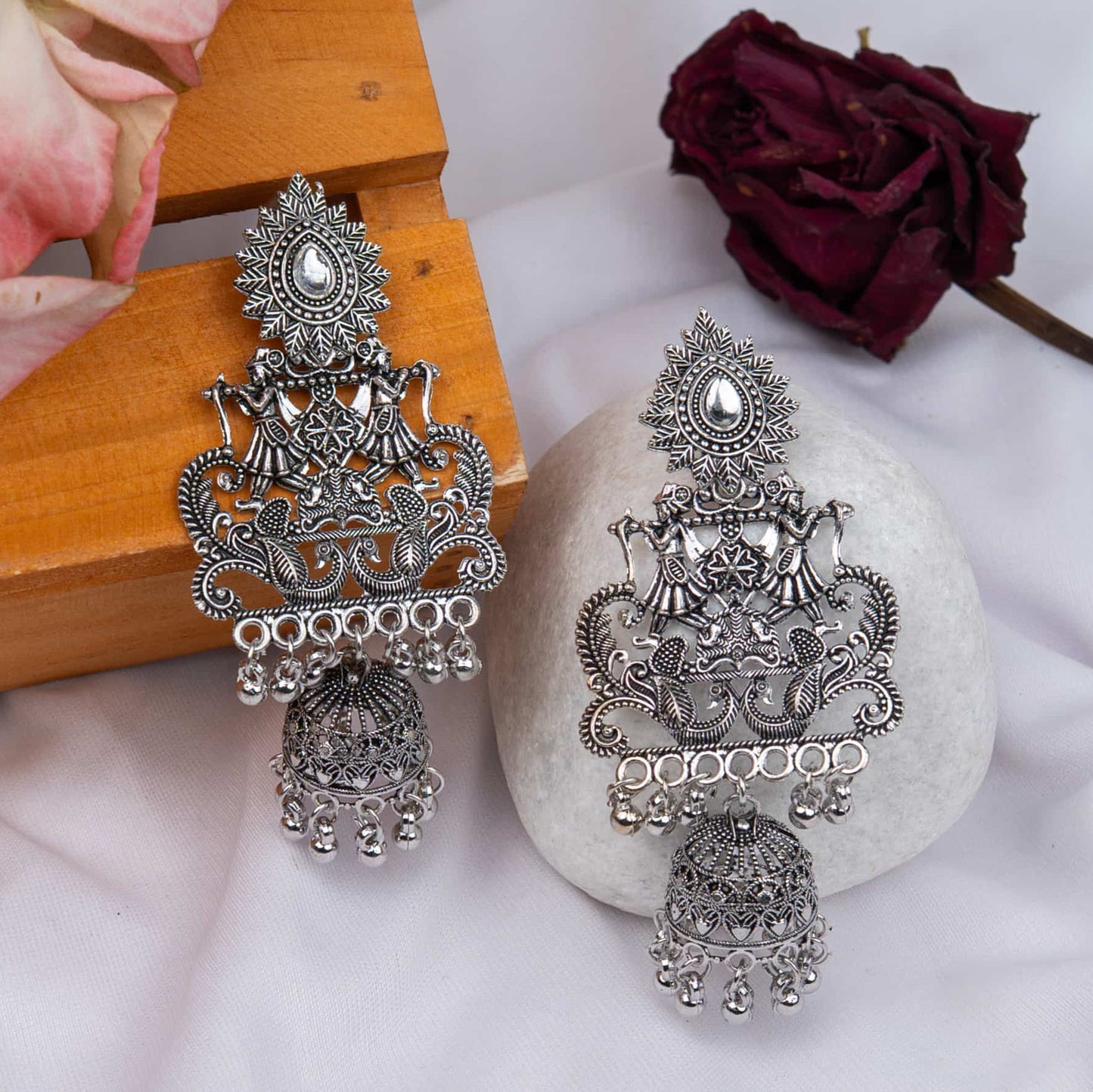 Oxidised Royal Earrings with Teardrop & Dangling Jhumka