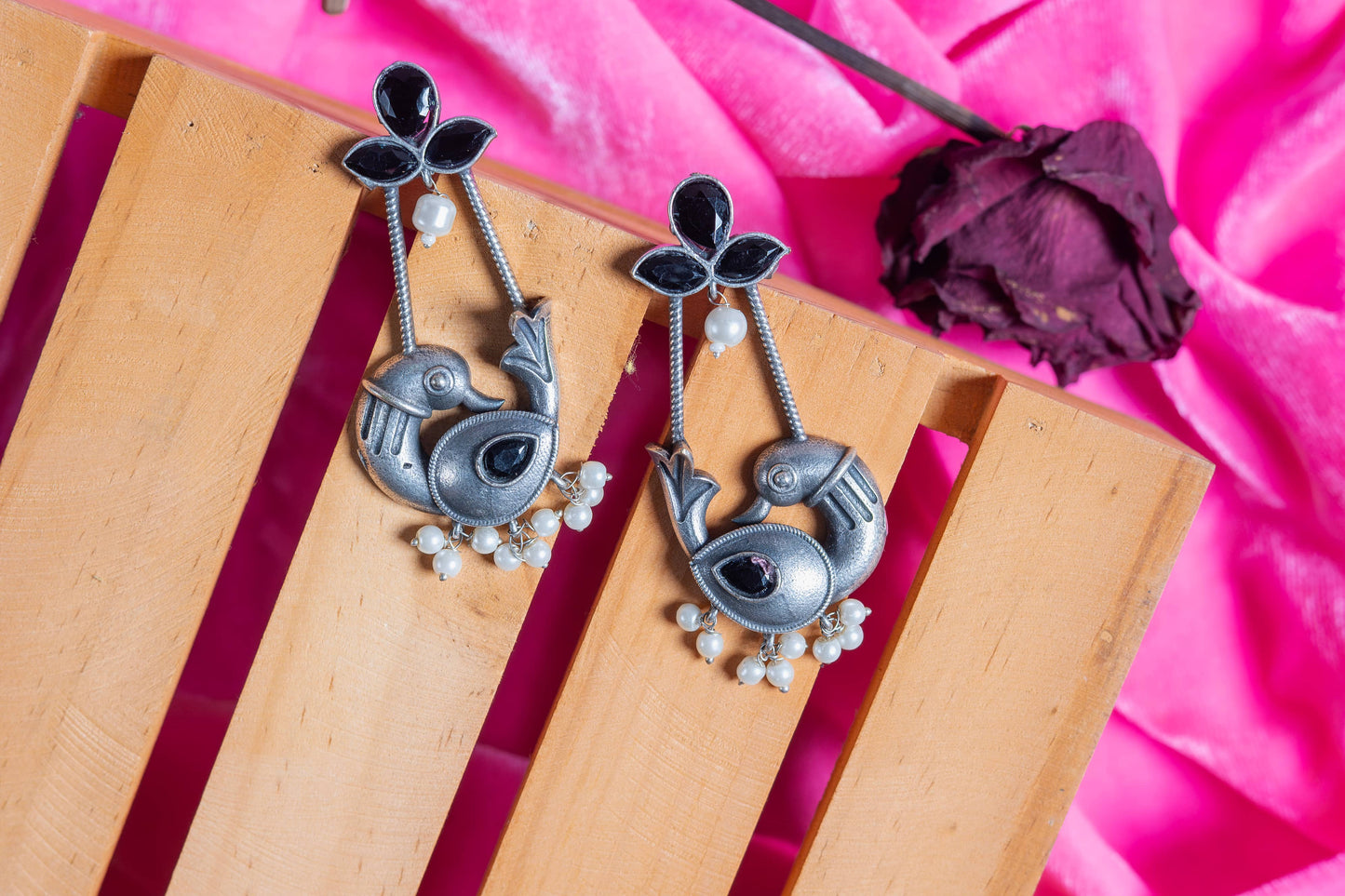 German Silver Bird Charm Earrings with Multicolor Cabochons