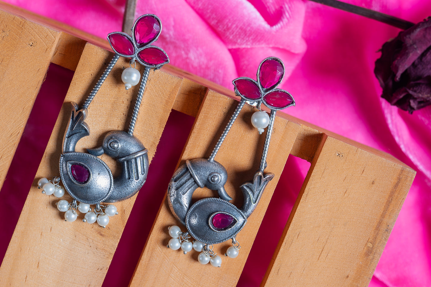 German Silver Bird Charm Earrings with Multicolor Cabochons