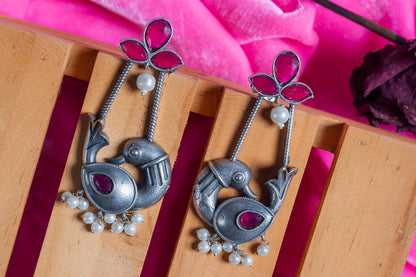 German Silver Bird Charm Earrings with Multicolor Cabochons