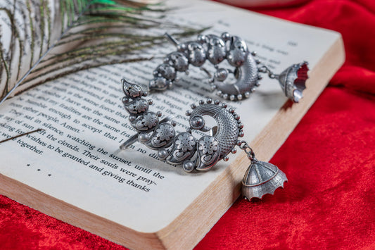 German Silver Peacock Hoop Earrings with Dangling Jhumka