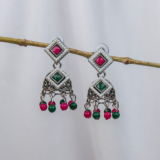 German Silver Earrings with Ruby-Red and Emerald-Green Stones