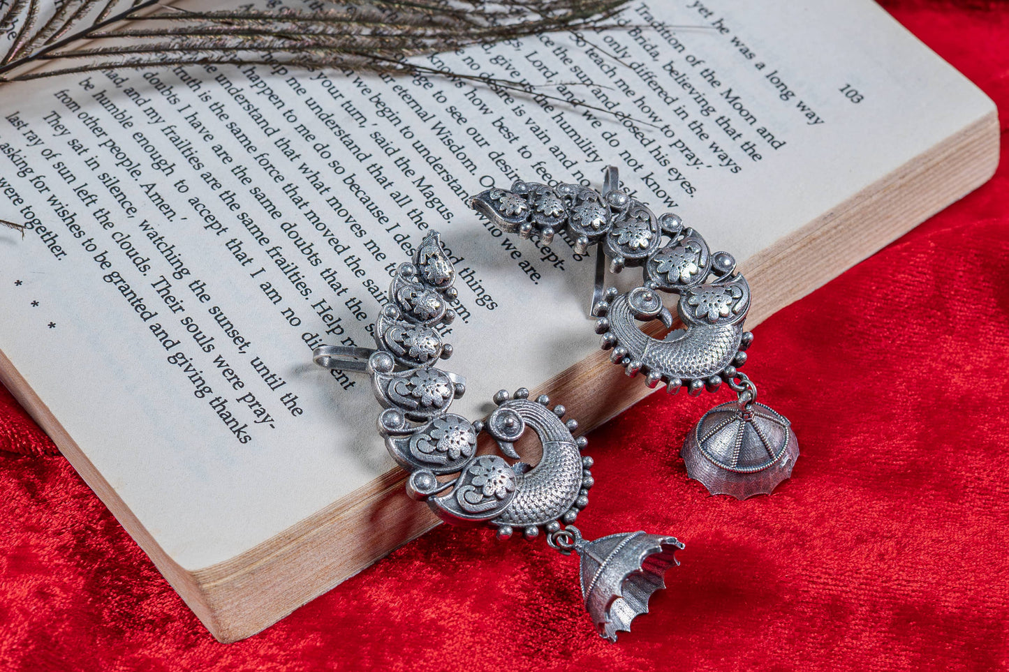 German Silver Peacock Hoop Earrings with Dangling Jhumka