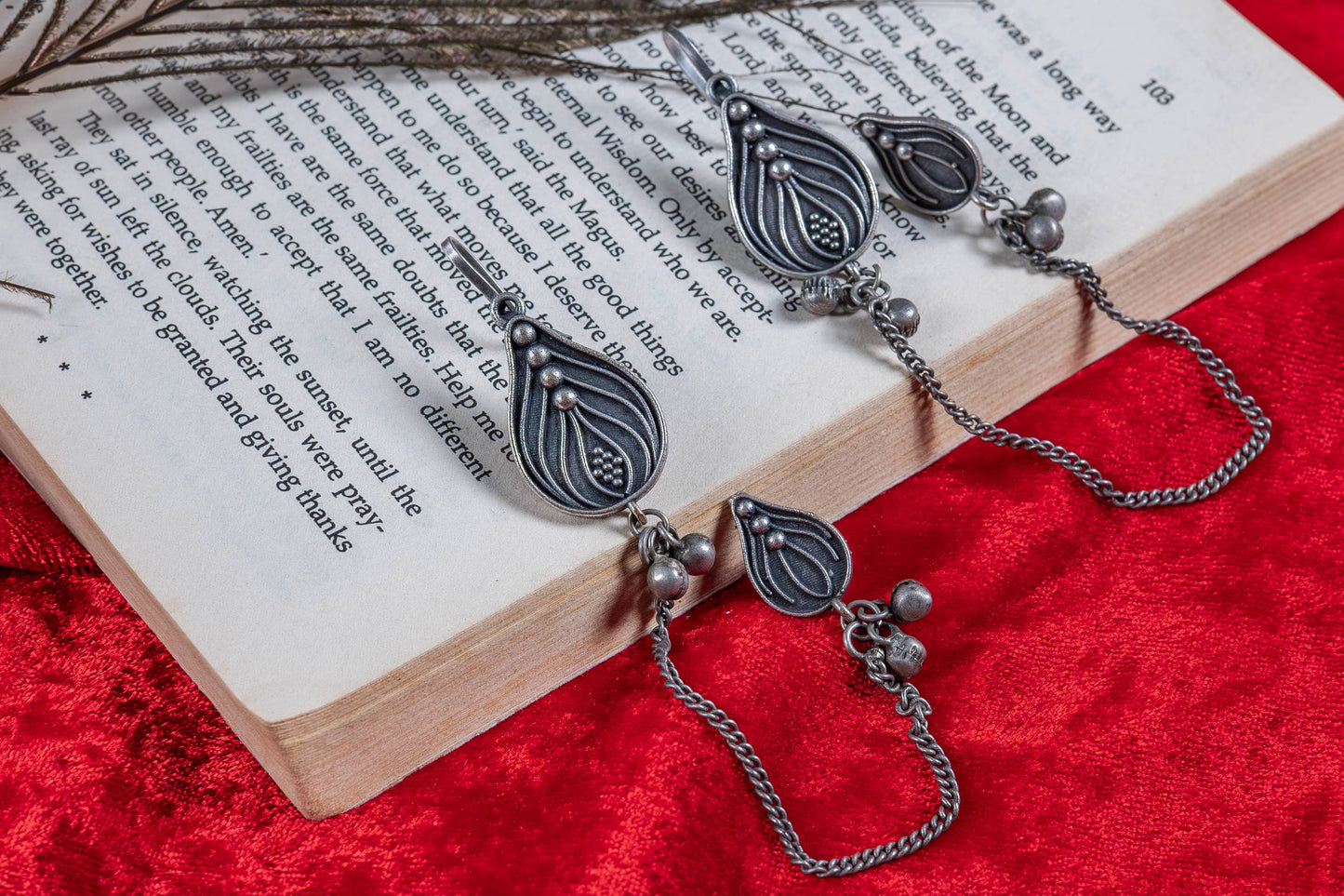 German Silver Chain-Linked Drop Earrings with Dangling Beads