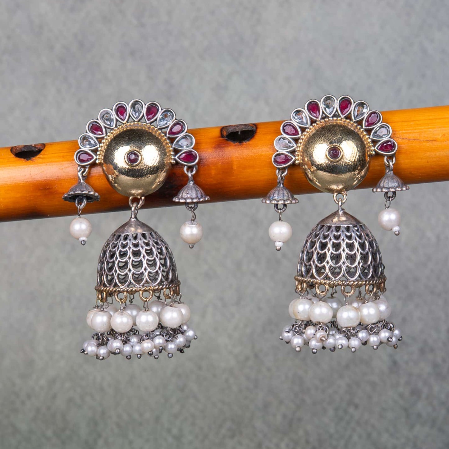 German Silver Earrings with Cabochons, Jhumka and Beads