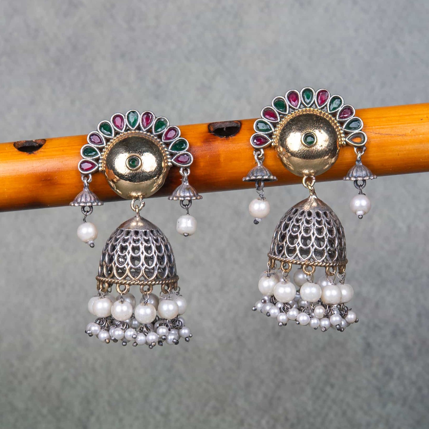 German Silver Earrings with Cabochons, Jhumka and Beads