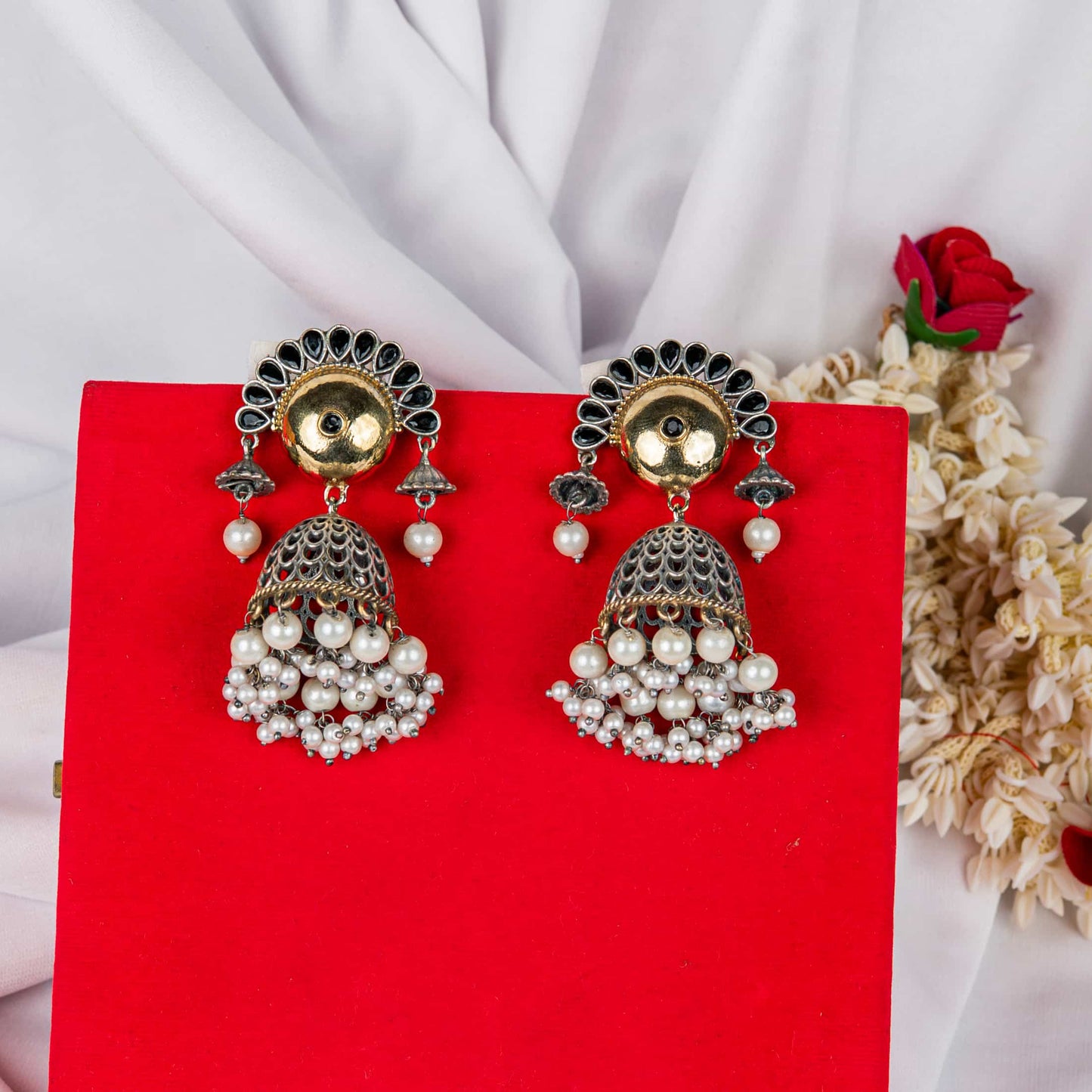 German Silver Earrings with Cabochons, Jhumka and Beads
