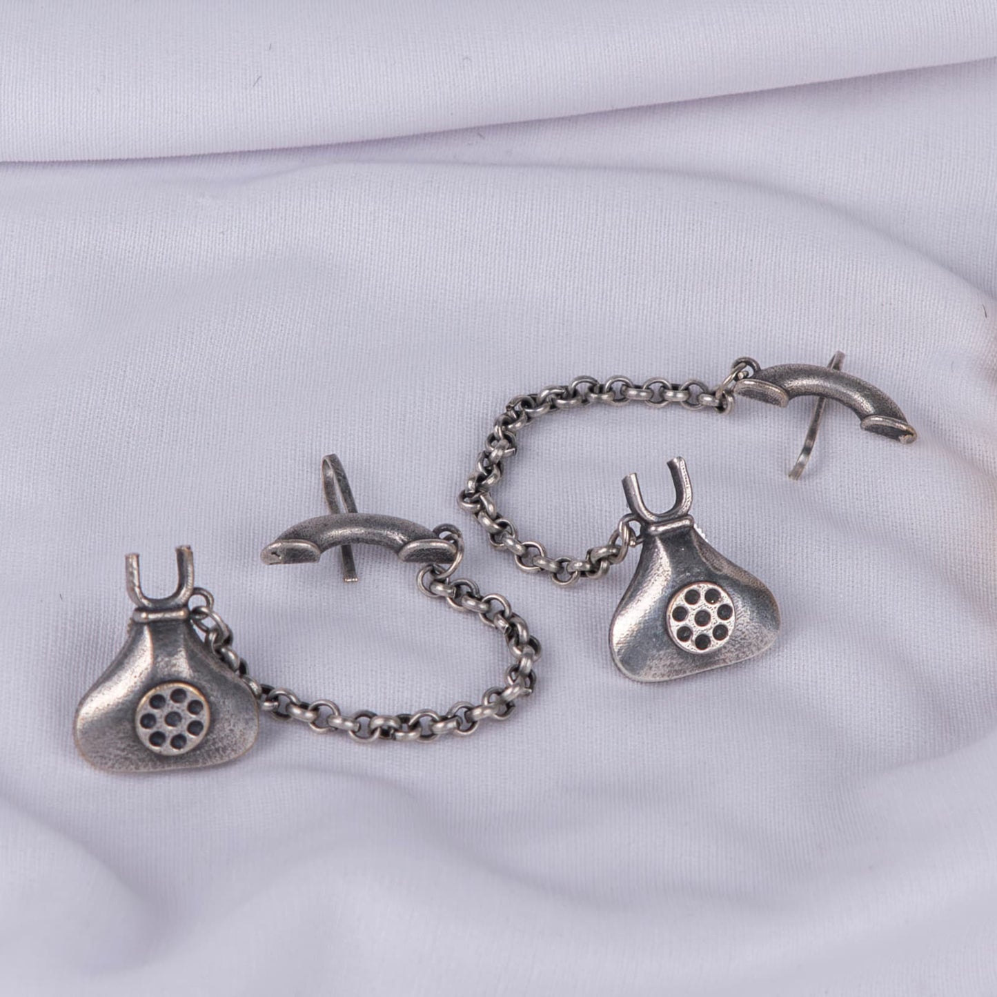 German Silver Chained Earrings with Vintage Telephone Charms