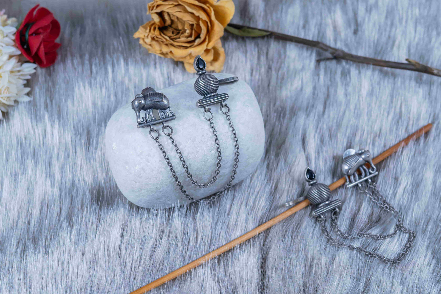 German Silver Elephant and Oil Lamp Dual-Stud Earrings