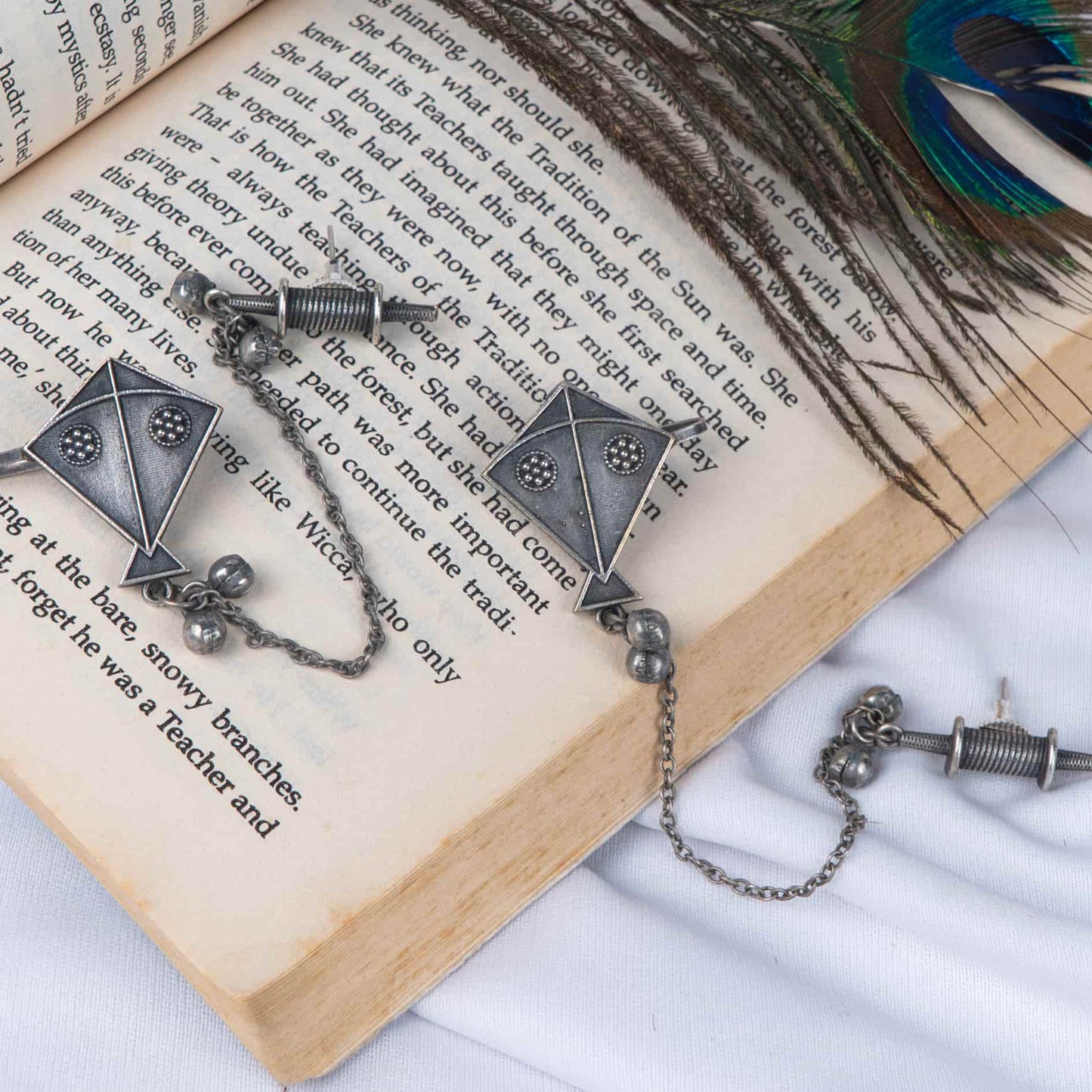 German Silver Kite Earrings with Chain Charkhi Dangle