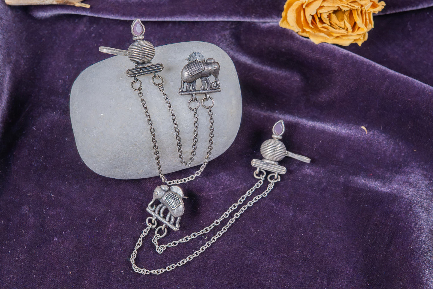 German Silver Elephant and Oil Lamp Dual-Stud Earrings