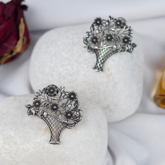 German Silver Bouquet Earrings with Intricate Basket Work