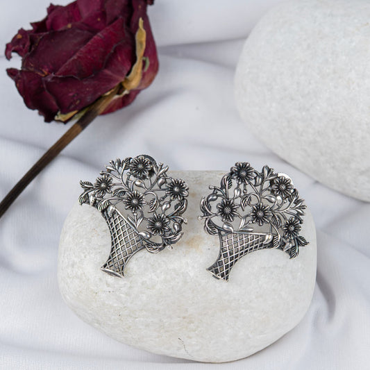 German Silver Bouquet Earrings with Intricate Basket Work