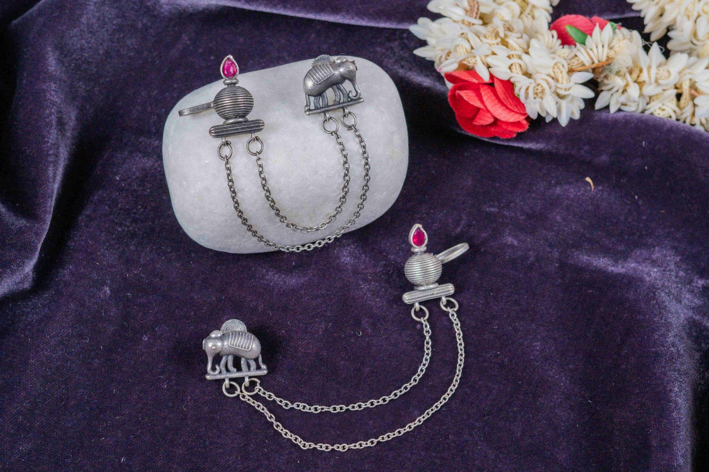 German Silver Elephant and Oil Lamp Dual-Stud Earrings