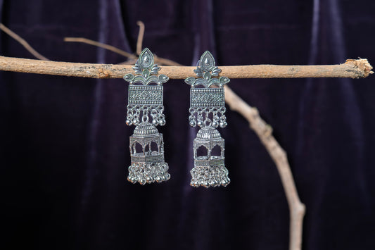 Oxidised Earrings with Jharokha-Style Dangling Jhumka