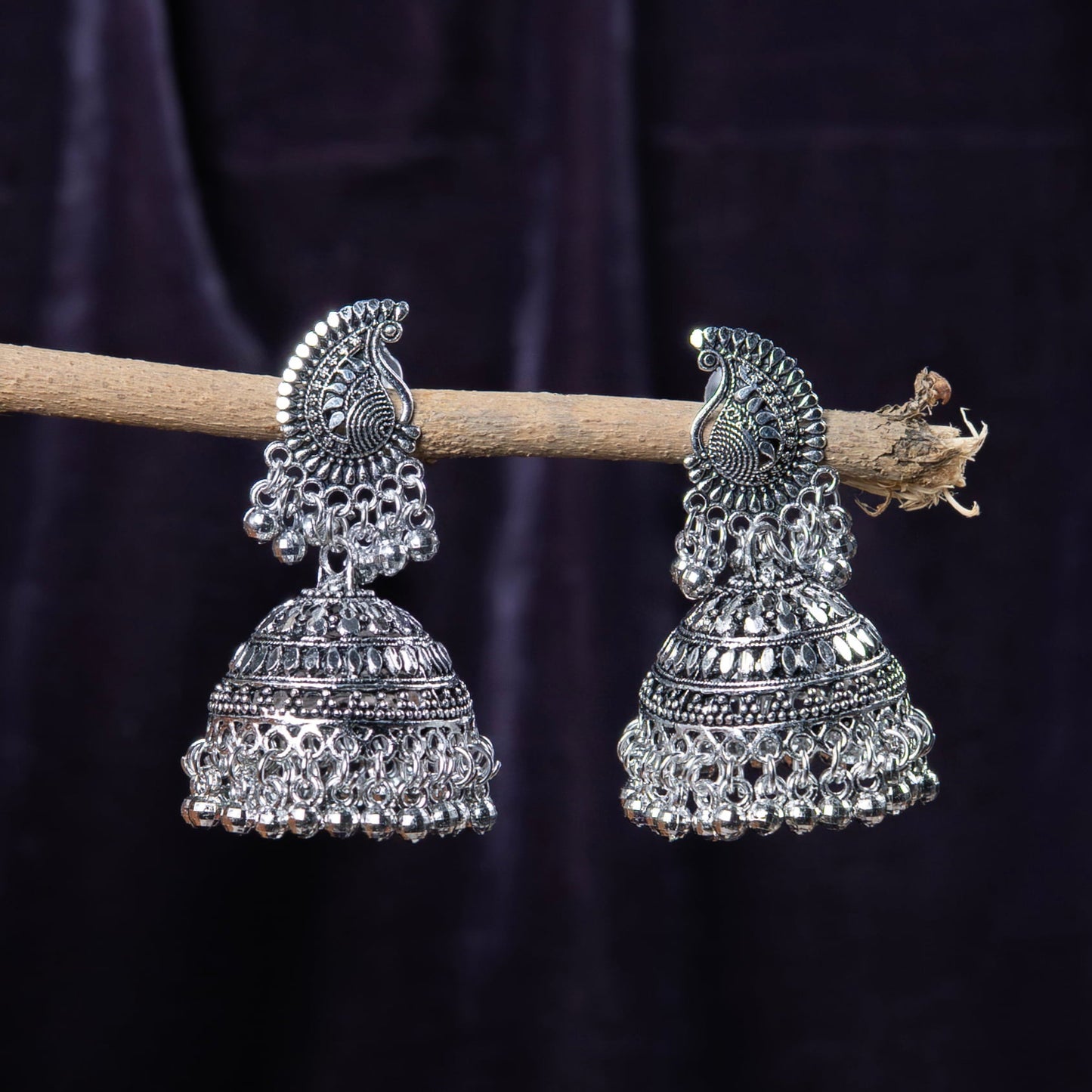 Oxidised Peacock Motif Earrings with Dangling Jhumka