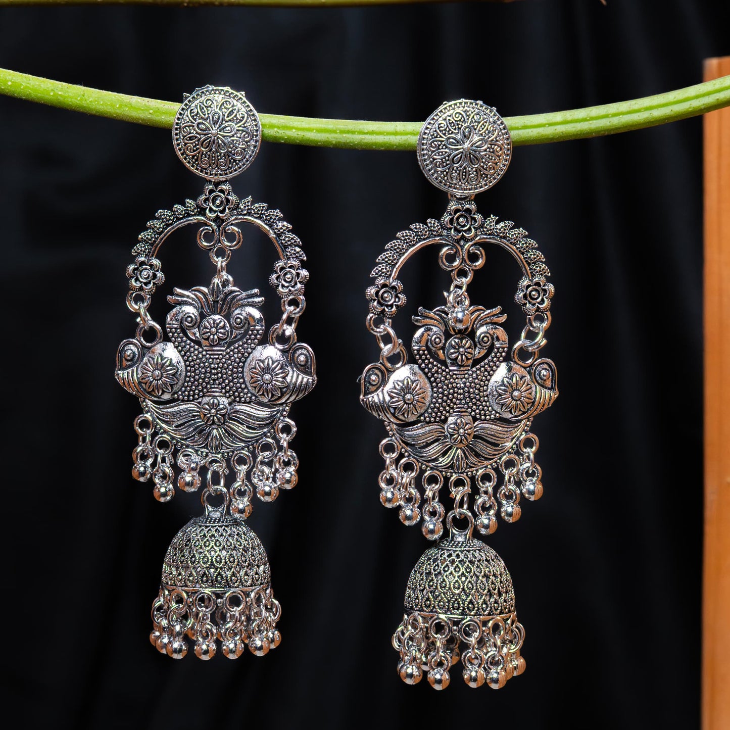 Oxidised Twin Peacock Dangler Earrings with Filigree Dome Jhumka