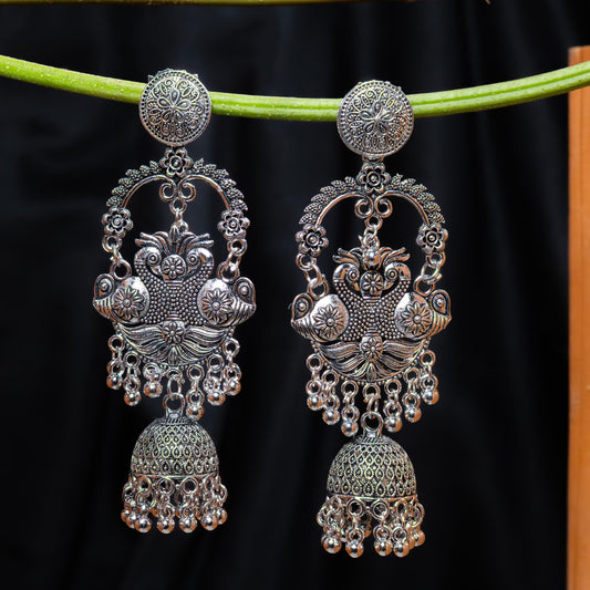 Oxidised Twin Peacock Dangler Earrings with Filigree Dome Jhumka