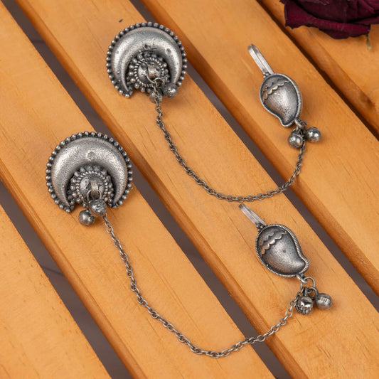 German Silver Crescent Moon and Mango Motif Chain Earring