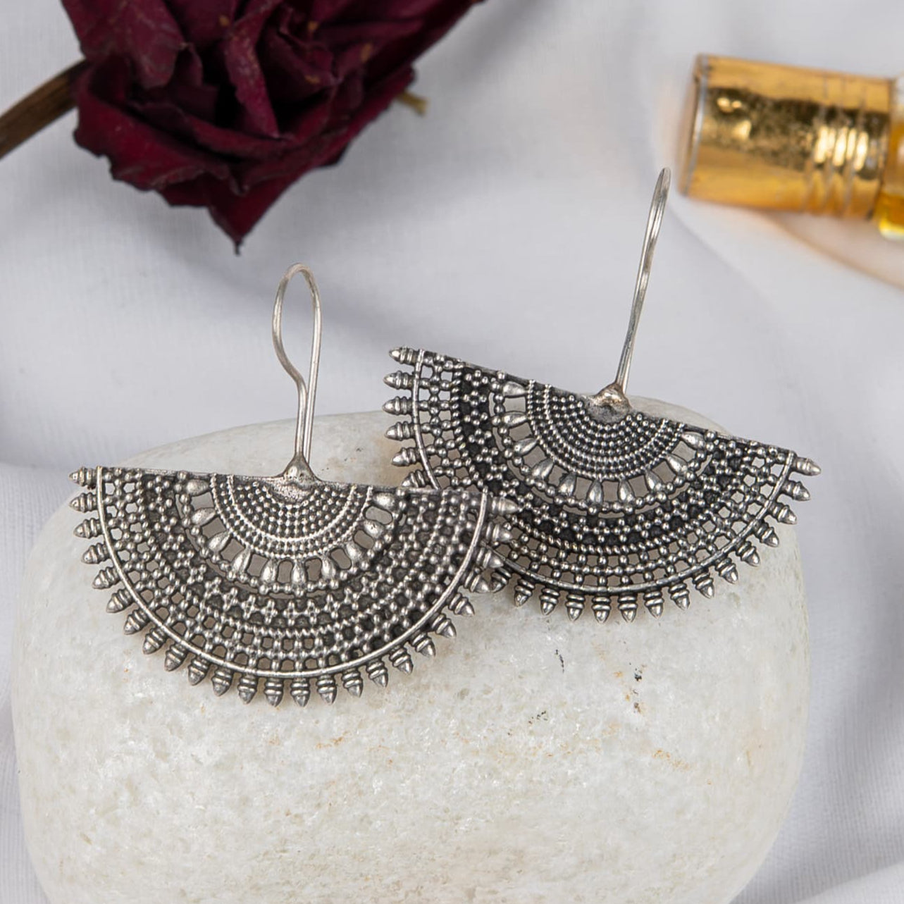 German Silver Fan-Shaped Earring with Heritage Motifs