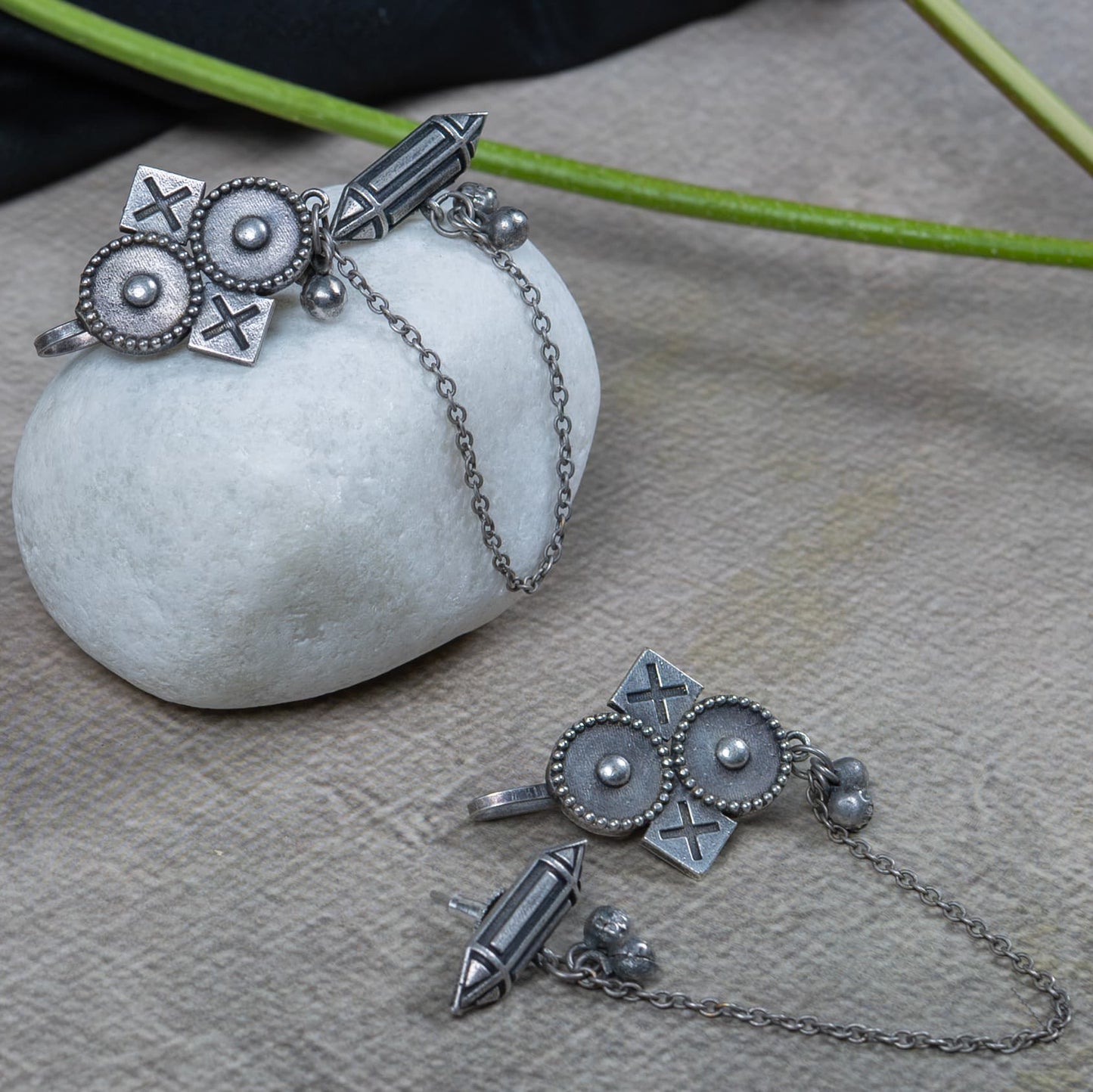 German Silver Earring with Geometric Disc and Cross Motifs