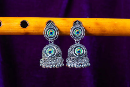 Oxidised Peacock Feather Motif Earrings with Dangling Jhumka