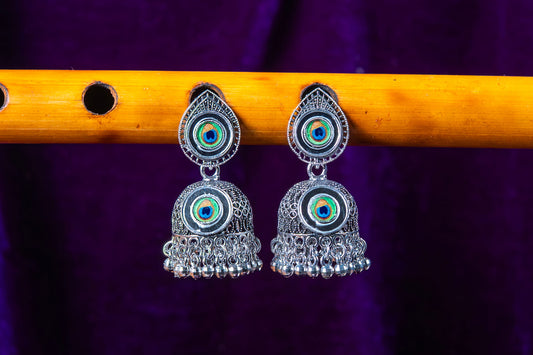 Oxidised Peacock Feather Motif Earrings with Dangling Jhumka