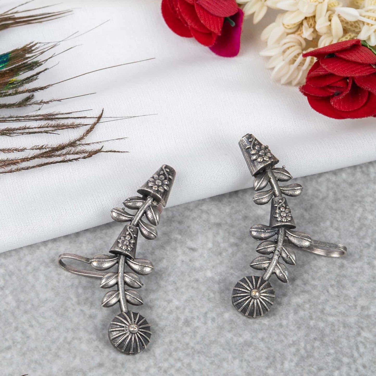 German Silver Floral Vine Earring with Sunburst Disc