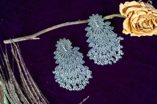 Oxidised Peacock Feather-Inspired Earrings with Dangling Beads