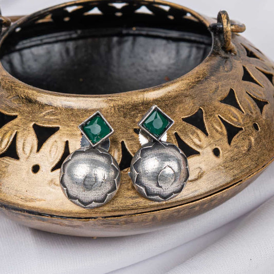 German Silver Earring with Ruby Square Crystal Tops