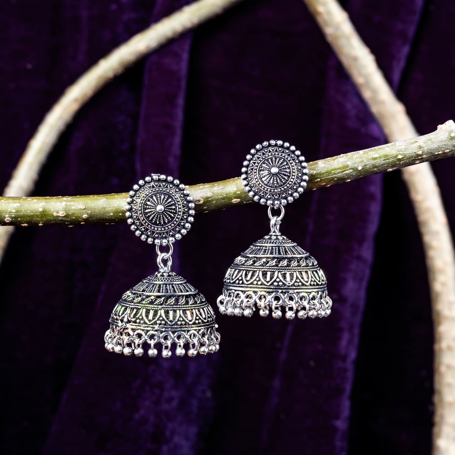 Oxidised Jhumka Earrings with Sunburst Stud and Beaded Fringe