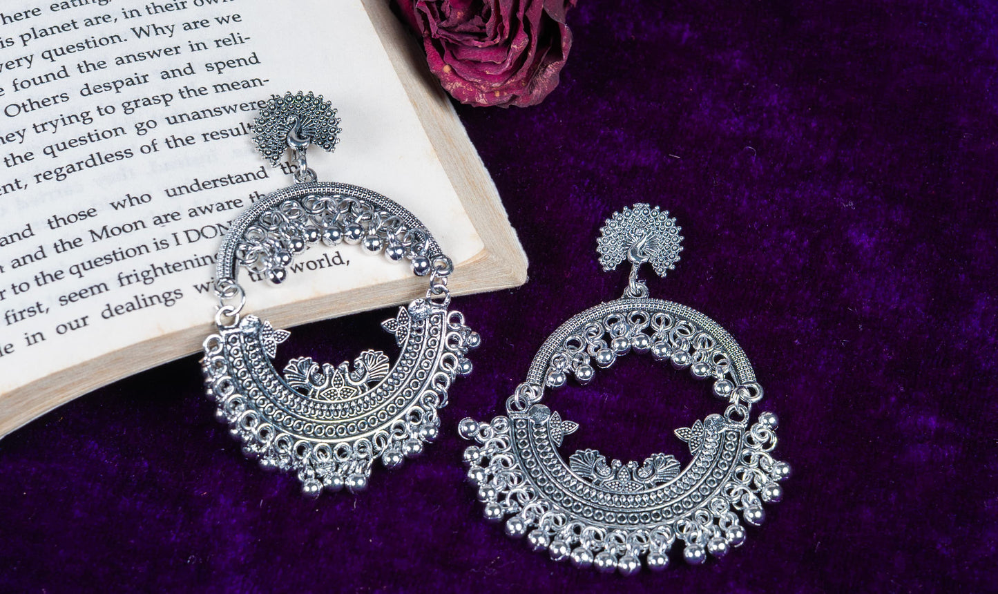 Oxidised Peacock Motif Hoop Earrings with Dangling Bells