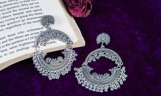 Oxidised Peacock Motif Hoop Earrings with Dangling Bells