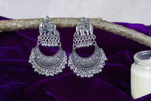 Oxidised Elephant Motif Crescent Hoop Earrings with Dangling Bells