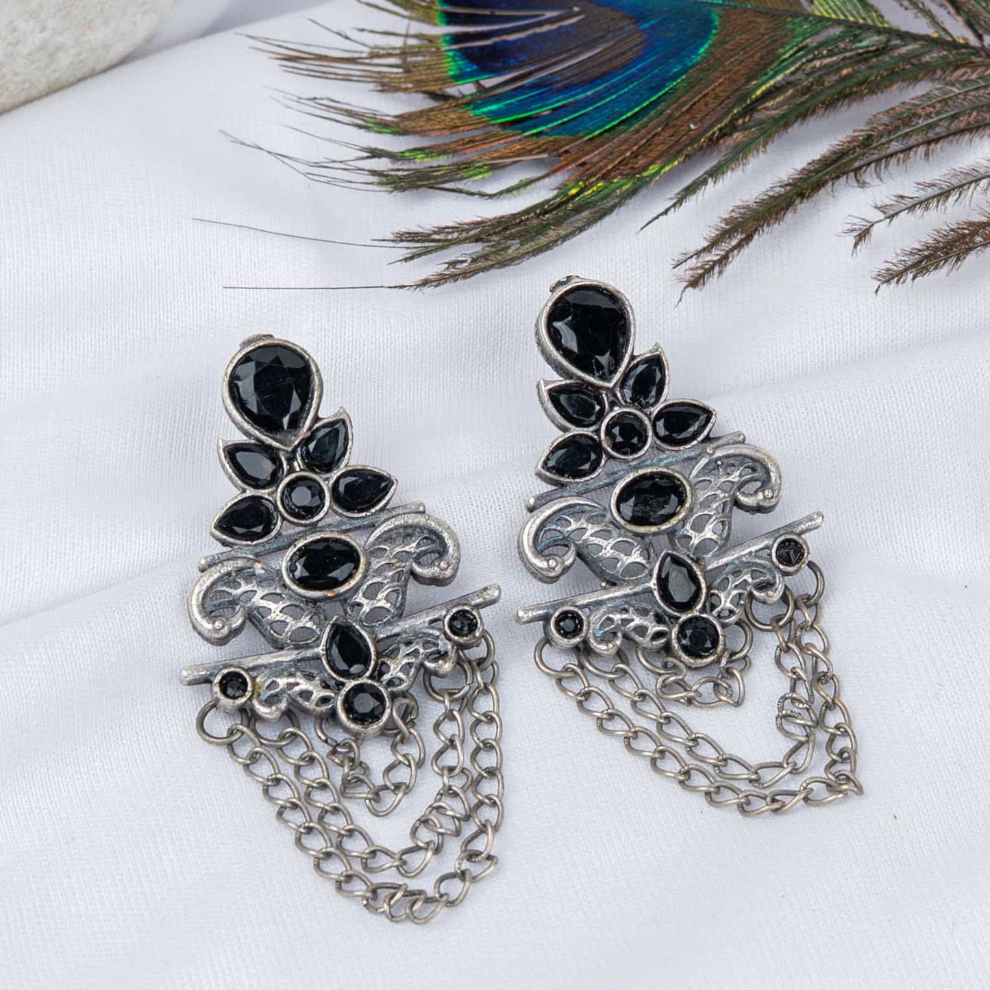 German Silver Earring with Ornate Chain-Drape & Cabochons