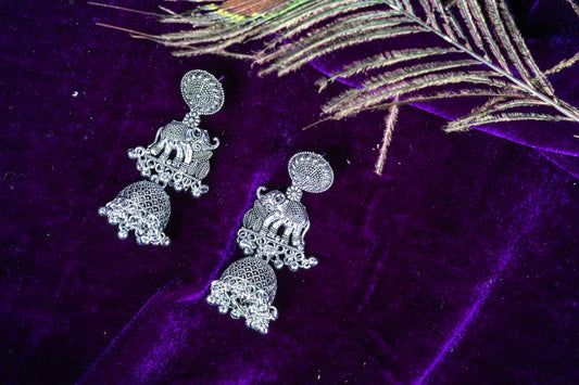 Oxidised Elephant Dangler Earrings with Hanging Jhumka