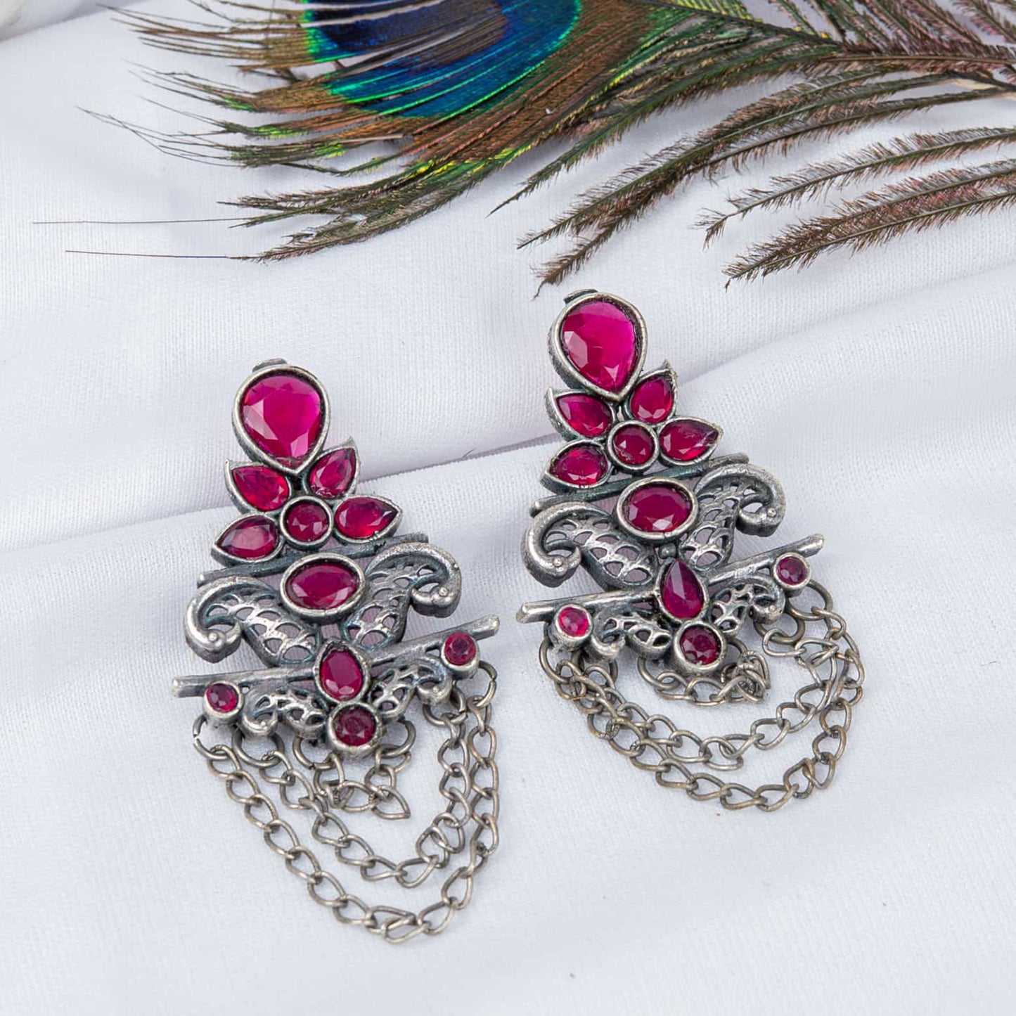 German Silver Earring with Ornate Chain-Drape & Cabochons