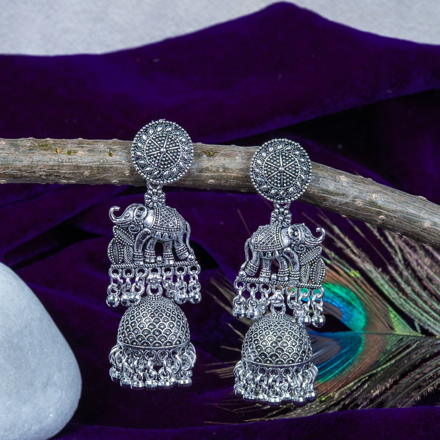 Oxidised Elephant Dangler Earrings with Hanging Jhumka