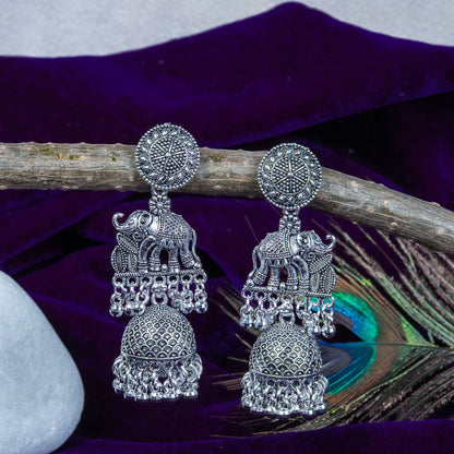 Oxidised Elephant Dangler Earrings with Hanging Jhumka