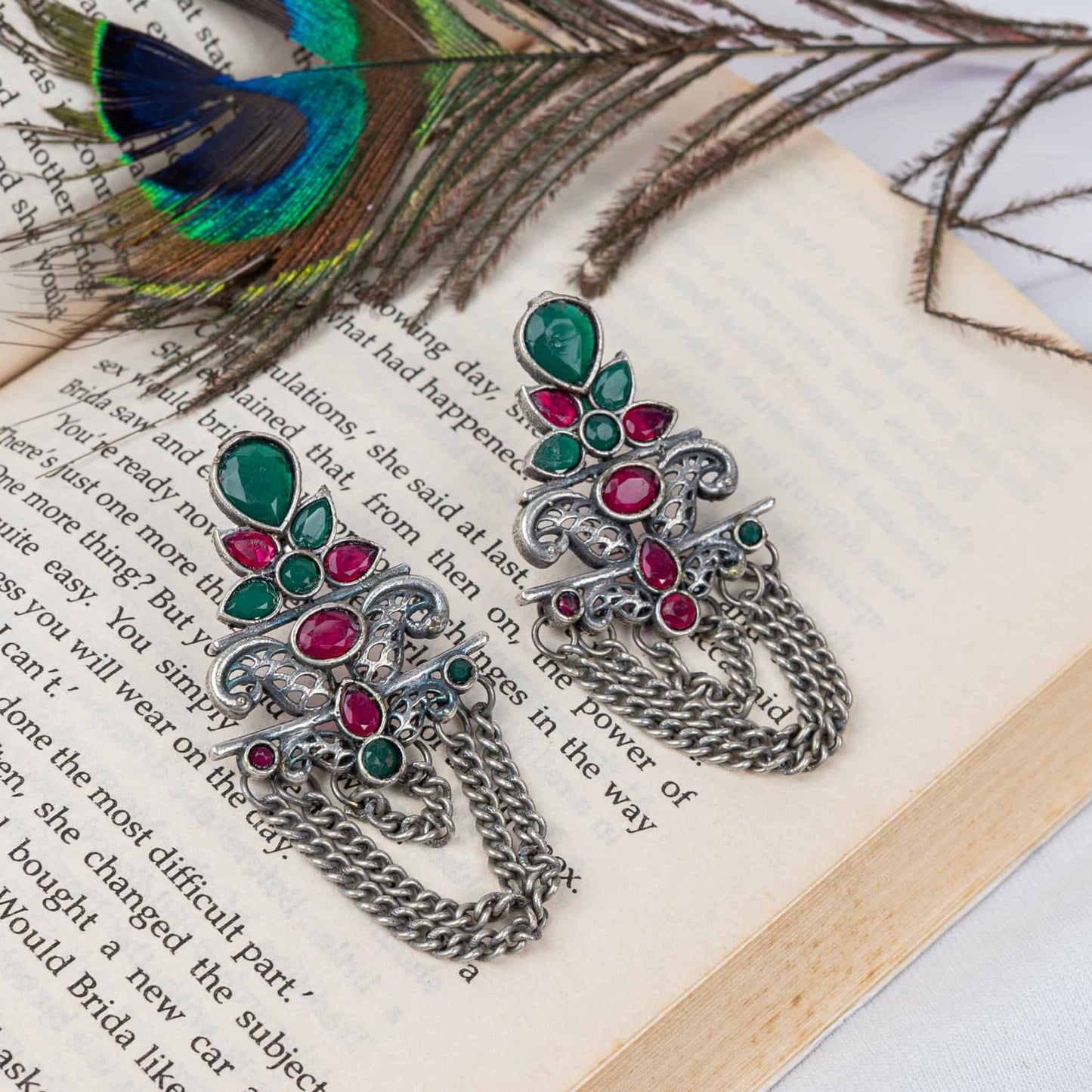 German Silver Earring with Ornate Chain-Drape & Cabochons