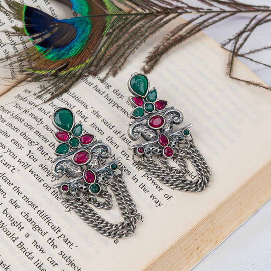 German Silver Earring with Ornate Chain-Drape & Cabochons