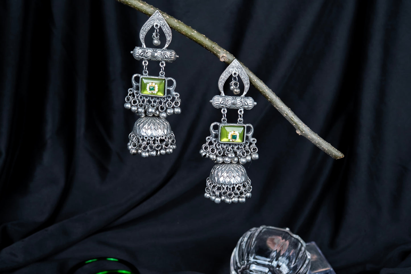 German Silver Arch Multicolor Gem Earrings with Jhumka & Bells