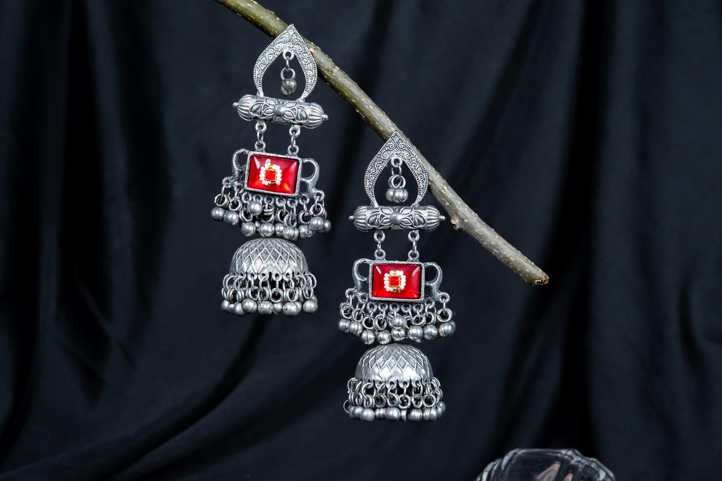 German Silver Arch Multicolor Gem Earrings with Jhumka & Bells