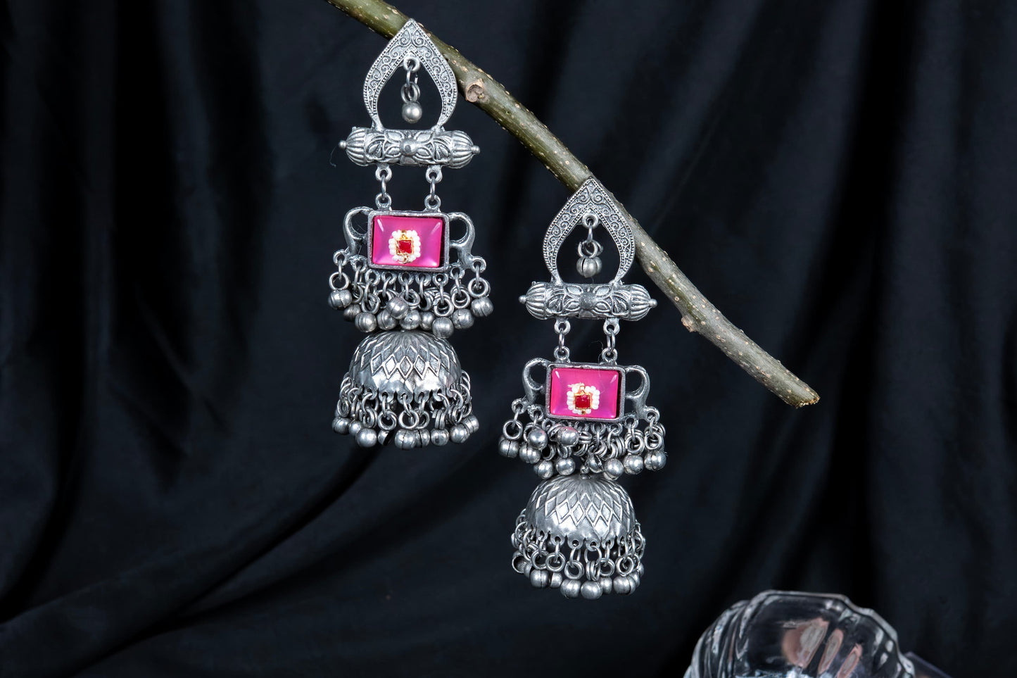 German Silver Arch Multicolor Gem Earrings with Jhumka & Bells