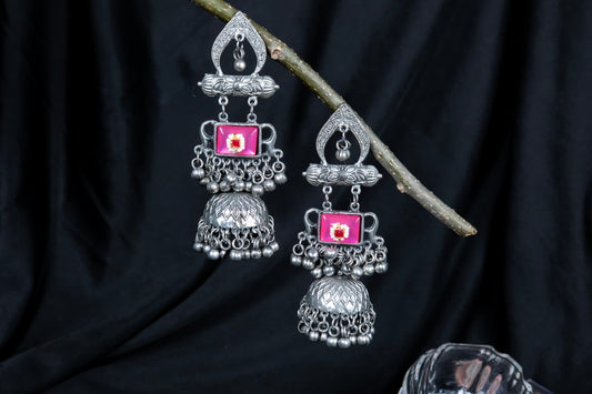 German Silver Arch Multicolor Gem Earrings with Jhumka & Bells