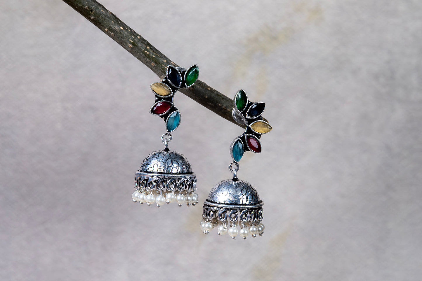 German Silver Earrings with Multicolor Leaf Cabochons & Jhumka