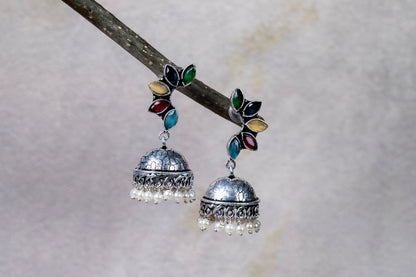 German Silver Earrings with Multicolor Leaf Cabochons & Jhumka