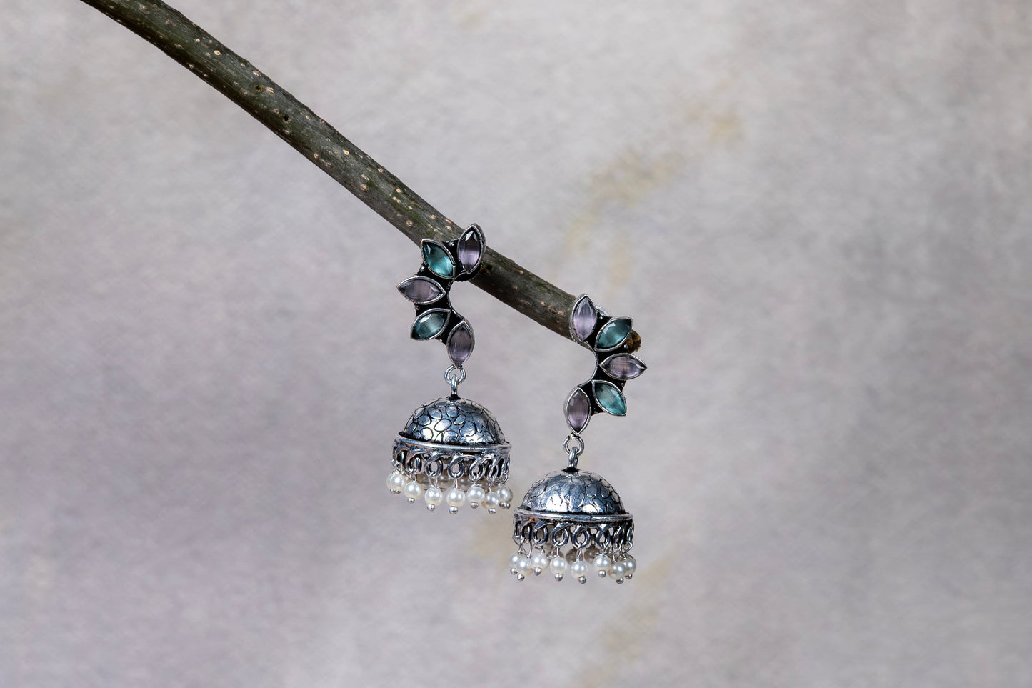 German Silver Earrings with Multicolor Leaf Cabochons & Jhumka