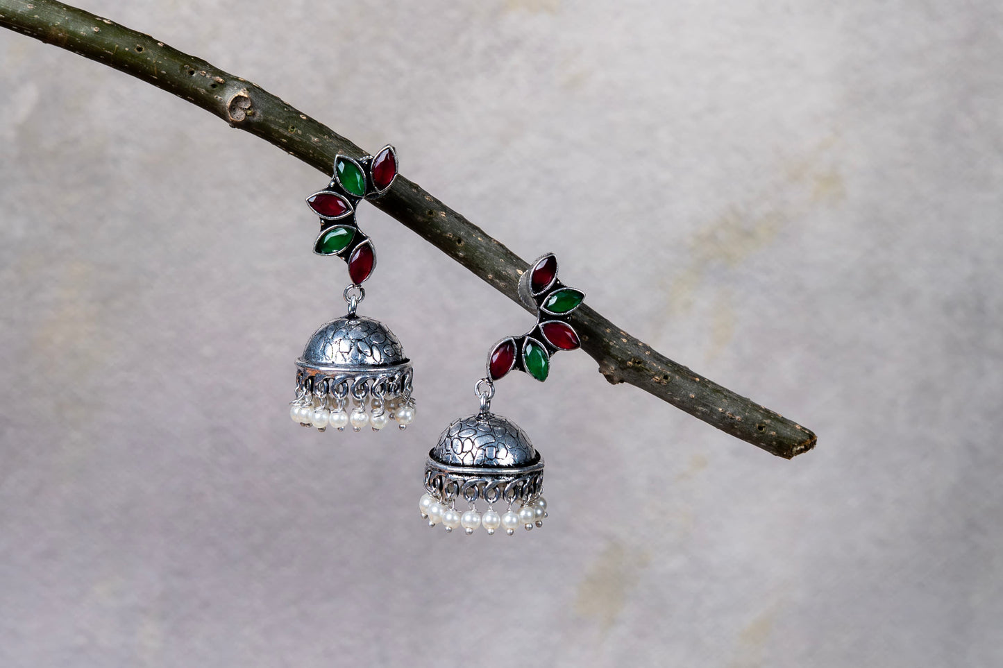German Silver Earrings with Multicolor Leaf Cabochons & Jhumka